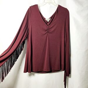 🛑 Idyllwind Fueled by Miranda Lambert Rodeo Red Fringed V-neck Stretchy Top XXL